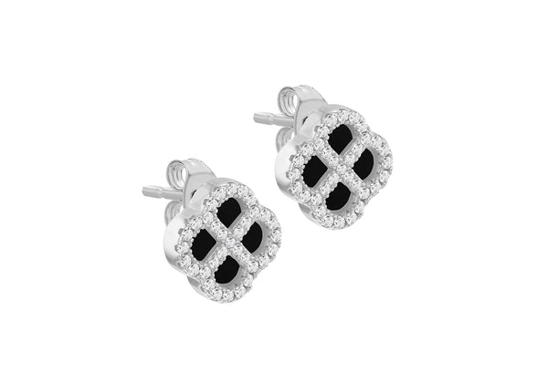Sterling Silver Black Agate & White Zirconia Clover Stud Earrings