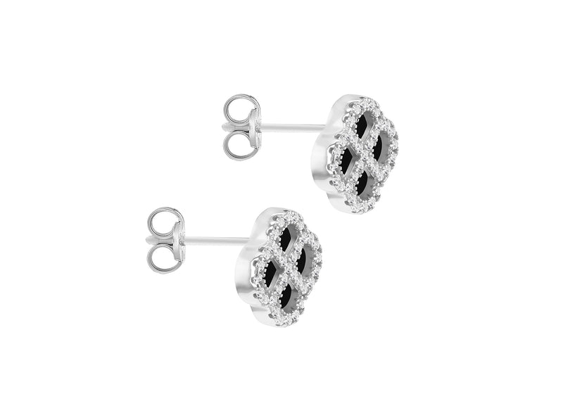 Sterling Silver Black Agate & White Zirconia Clover Stud Earrings