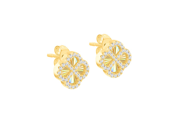 Gold Plated Sterling Silver Rainbow Clover White Zirconia Stud Earrings