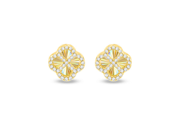 Gold Plated Sterling Silver Rainbow Clover White Zirconia Stud Earrings