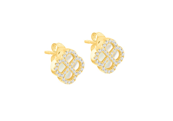 Gold Plated Silver Mother Of Pearl Clover & White Zirconia Stud Earrings