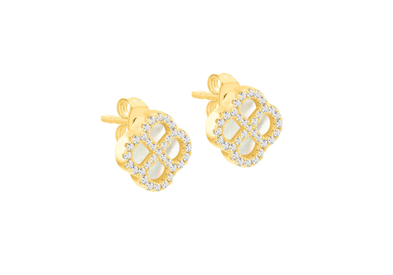Gold Plated Silver Mother Of Pearl Clover & White Zirconia Stud Earrings