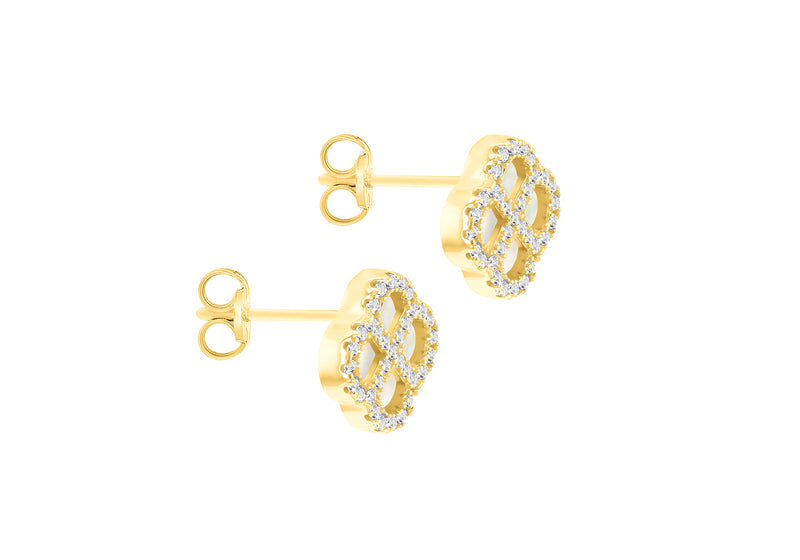 Gold Plated Silver Mother Of Pearl Clover & White Zirconia Stud Earrings