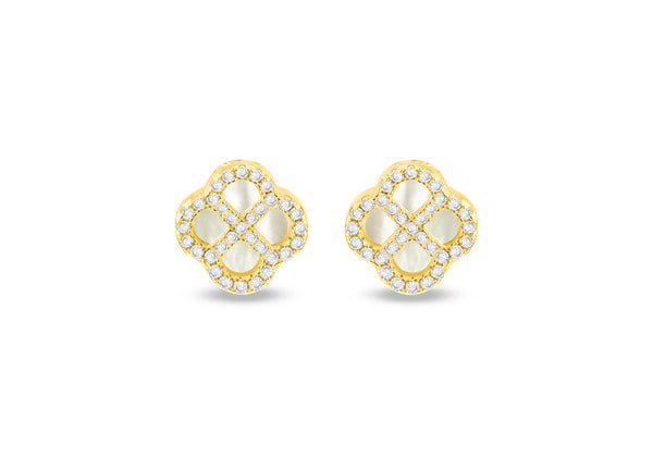 Gold Plated Silver Mother Of Pearl Clover & White Zirconia Stud Earrings