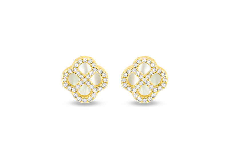 Gold Plated Silver Mother Of Pearl Clover & White Zirconia Stud Earrings