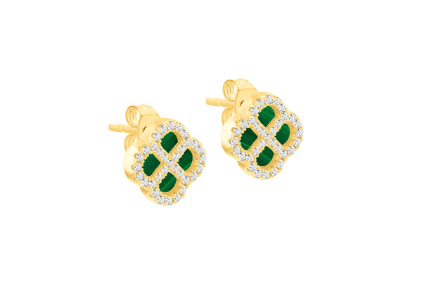 Gold Plated Silver Mother Of Pearl Clover & White Zirconia Stud Earrings