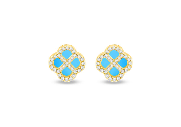 Gold Plated Silver Turquoise Clover & White Zirconia Stud Earrings