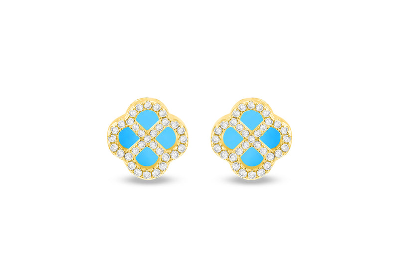 Gold Plated Silver Turquoise Clover & White Zirconia Stud Earrings
