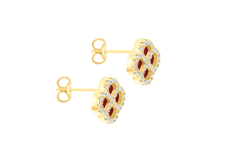 Gold Plated Red Agate Clover & White Zirconia Stud Earrings