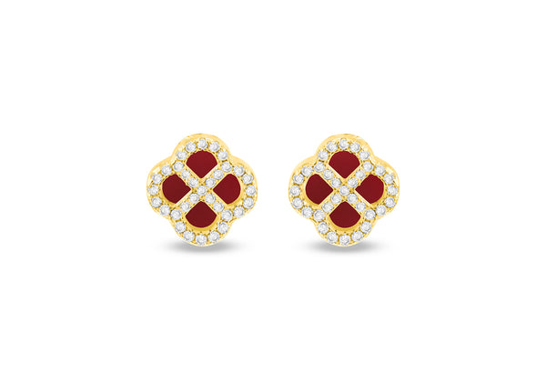 Gold Plated Red Agate Clover & White Zirconia Stud Earrings