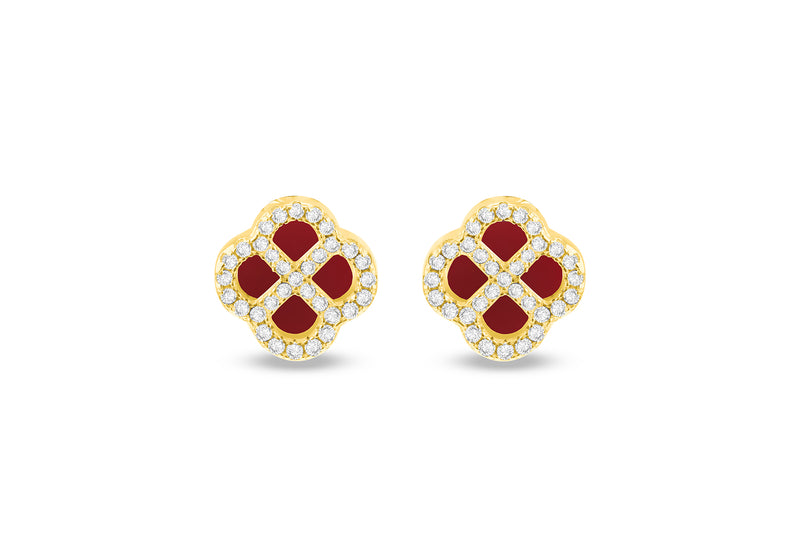 Gold Plated Red Agate Clover & White Zirconia Stud Earrings