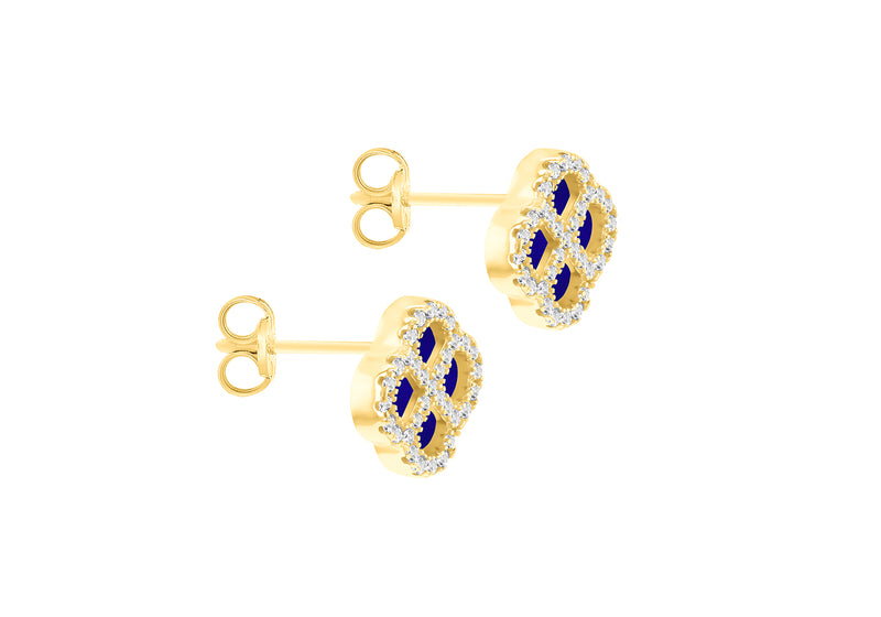 Gold Plated Silver Blue Lazurite Clover & White Zirconia Stud Earrings