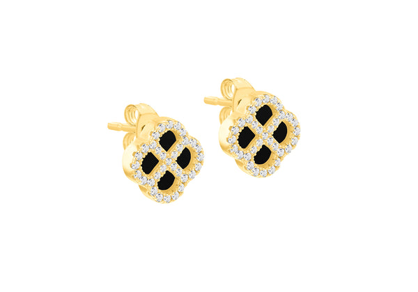 Gold Plated Silver Black Agate Clover & White Zirconia Stud Earrings