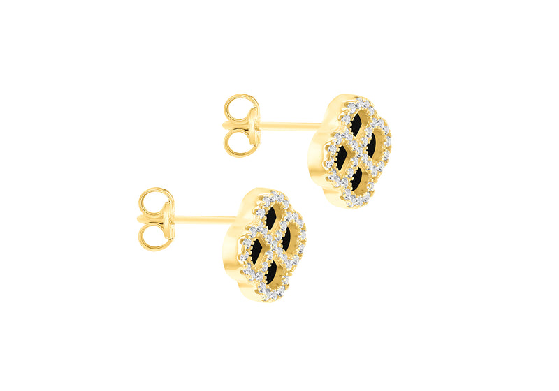 Gold Plated Silver Black Agate Clover & White Zirconia Stud Earrings