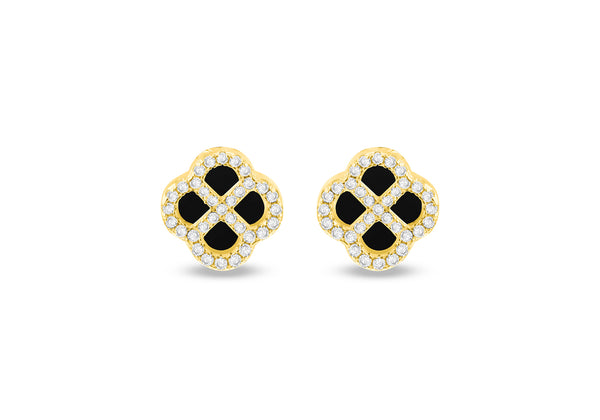 Gold Plated Silver Black Agate Clover & White Zirconia Stud Earrings