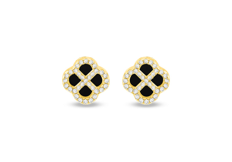 Gold Plated Silver Black Agate Clover & White Zirconia Stud Earrings