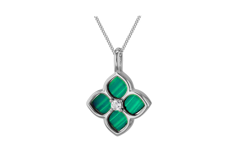Sterling Silver Flower Malachite & White Zirconia Pendant