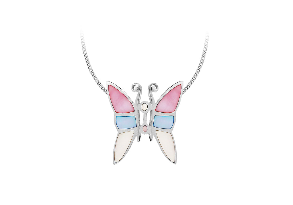 Sterling Silver Pink Blue & White Mother of Pearl Butterfly Pendant