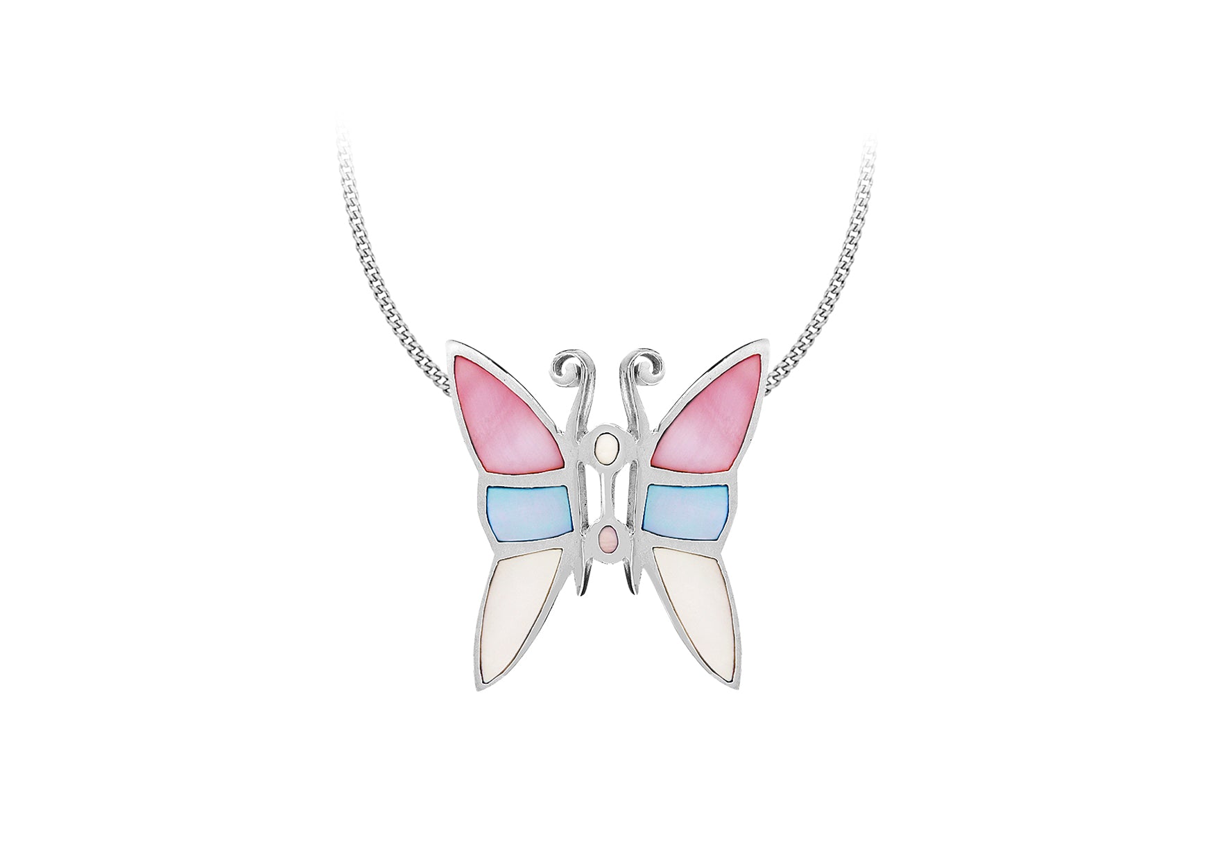 Sterling Silver Pink Blue & White Mother of Pearl Butterfly Pendant