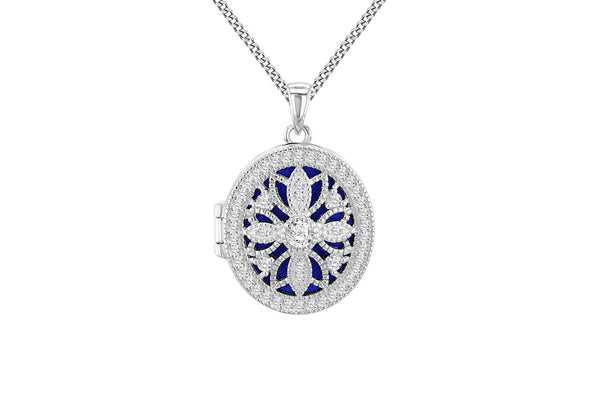 Sterling Silver Filigree Oval Zirconia Locket Pendant