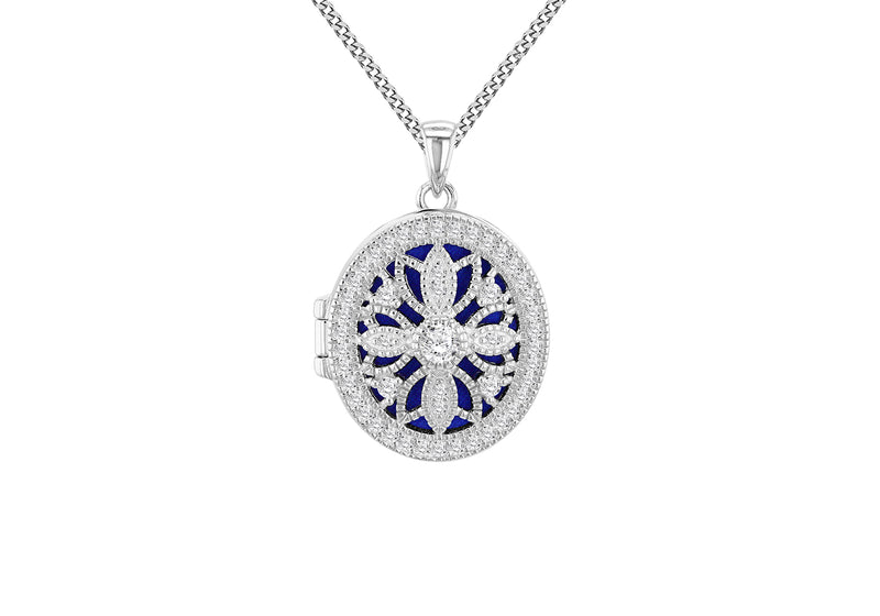 Sterling Silver Filigree Oval Zirconia Locket Pendant