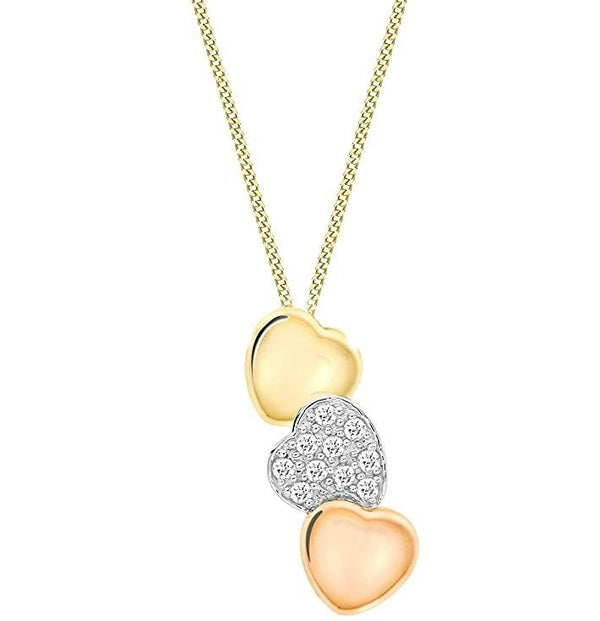 9ct 3-Tone Gold 0.10ct Diamond Triple-Heart Slider Pendant