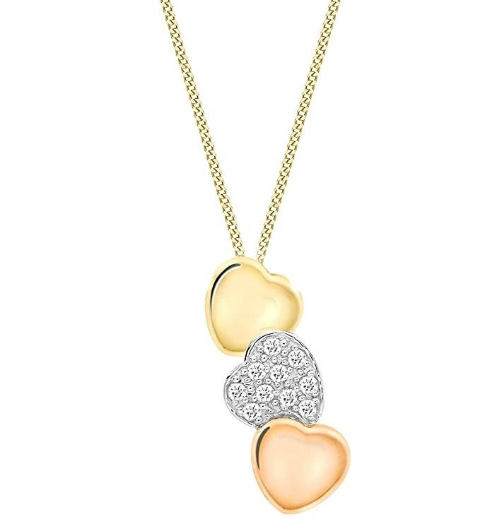 9ct 3-Tone Gold 0.10ct Diamond Triple-Heart Slider Pendant