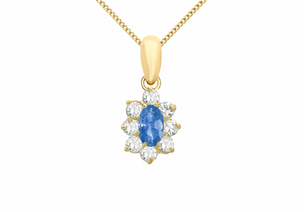 9ct Gold Blue & White Zirconia Marguerite Cluster Pendant Necklace