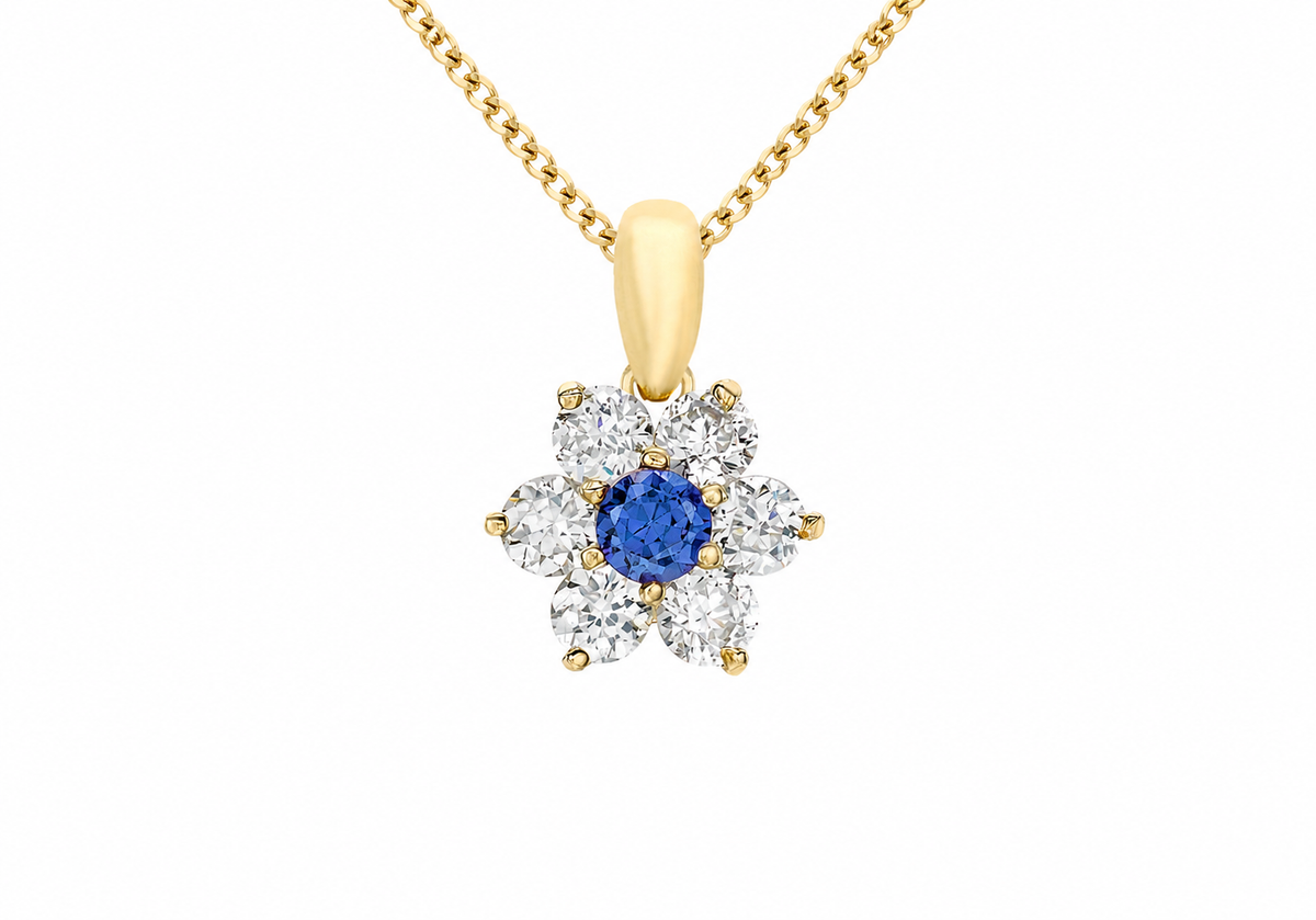 9ct Gold Blue and White Zirconia Daisy Cluster Pendant Necklace
