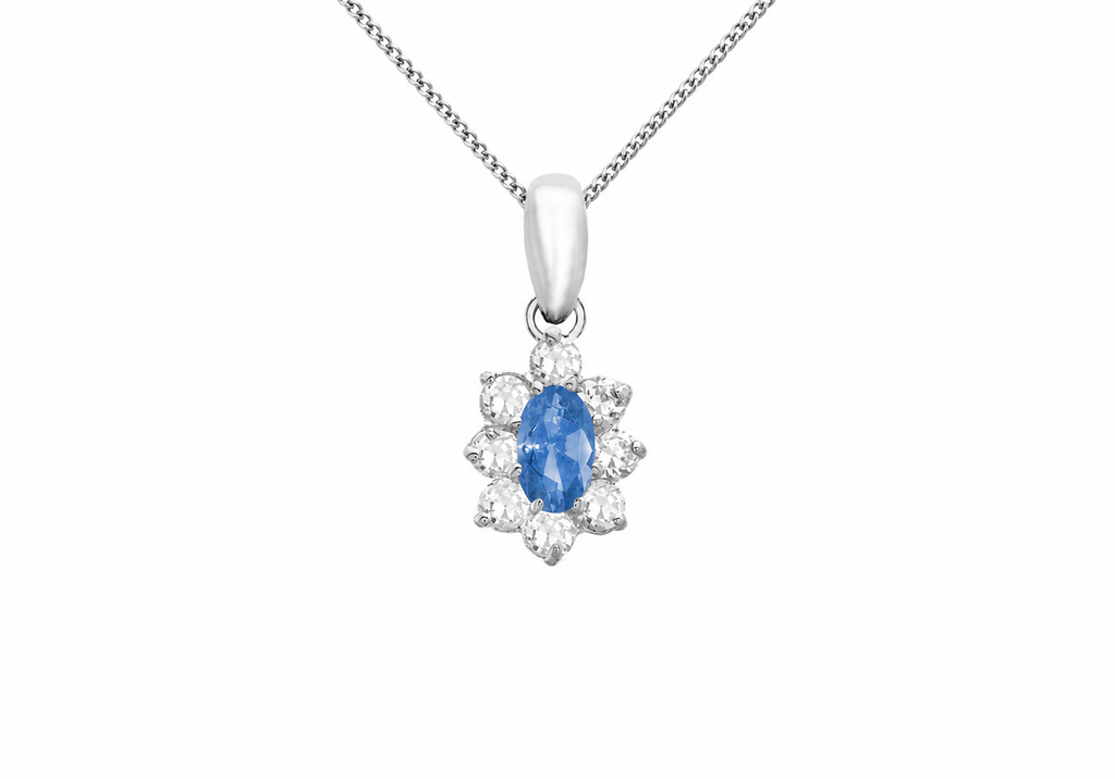 9ct Gold Blue & White Zirconia Marguerite Cluster Pendant Necklace
