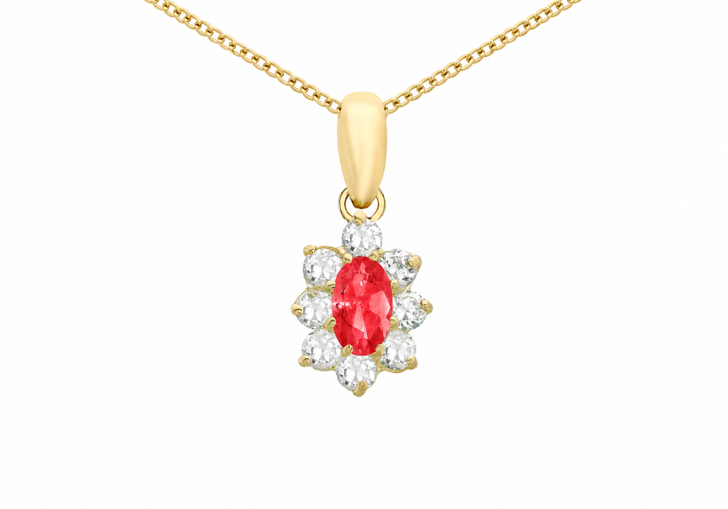 9ct Gold Red Stone and White Zirconia Marguerite Cluster Pendant Necklace