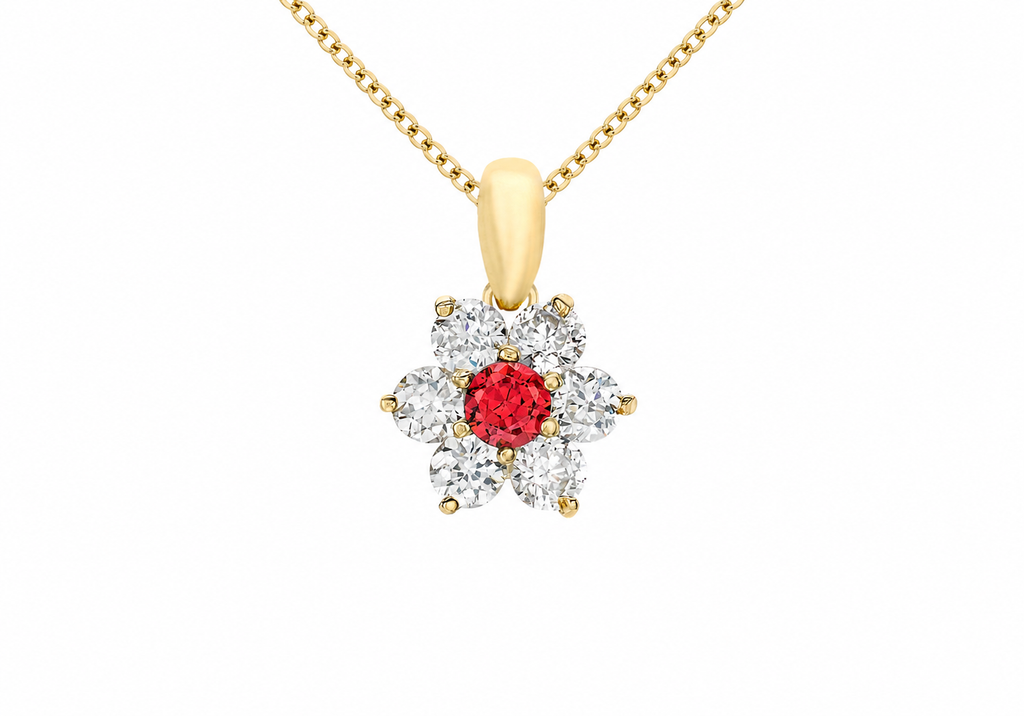 9ct Gold Red and White Zirconia Daisy Cluster Pendant Necklace