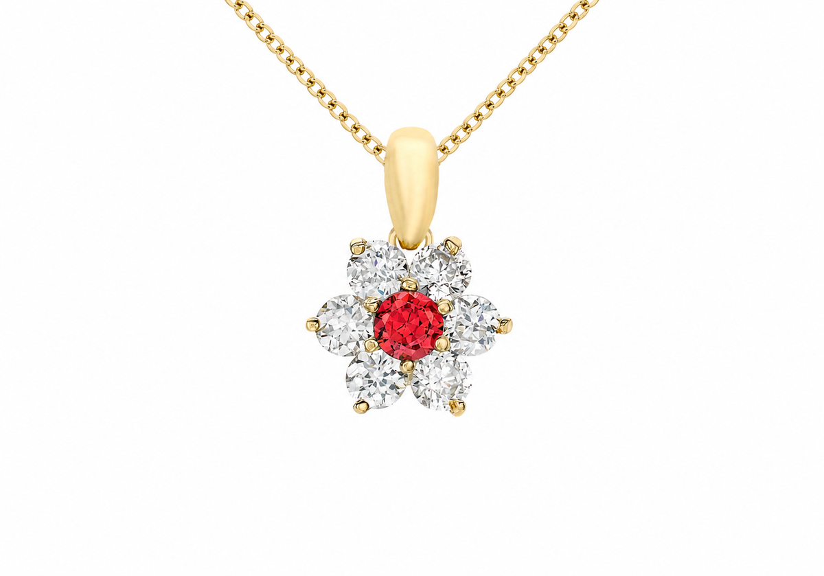 9ct Gold Red and White Zirconia Daisy Cluster Pendant Necklace