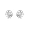 A pair of silver geometric stud earrings with round clear gemstones, displayed on a clean white background.