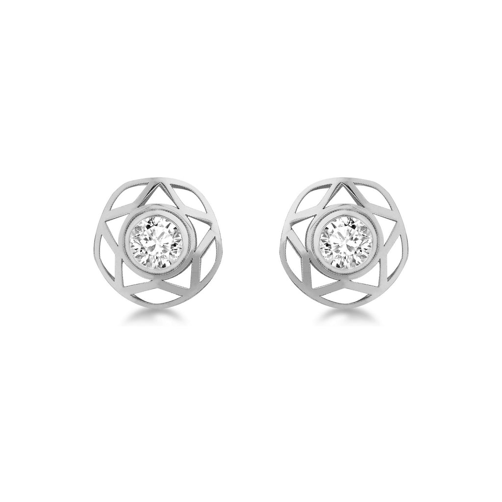 A pair of silver geometric stud earrings with round clear gemstones, displayed on a clean white background.