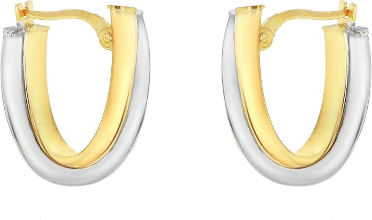 A pair of two-tone hoop earrings made of polished yellow gold and silver, shown on a plain white background.