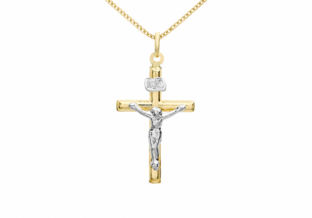 9ct Two-Tone Gold Slim Crucifix Pendant Necklace