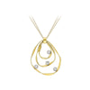 A gold necklace with a modern, abstract layered teardrop pendant featuring four small round-cut clear gemstones, set against a plain white background.