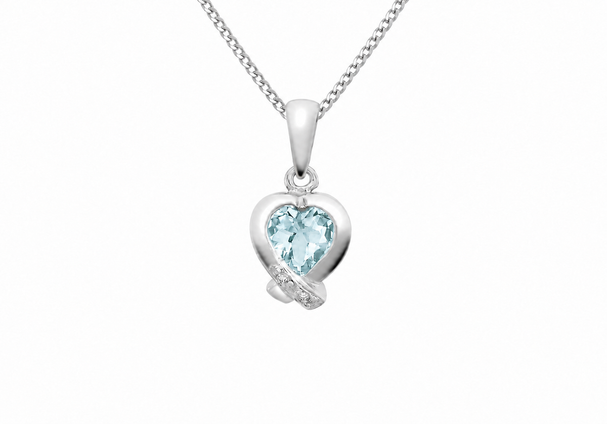 9ct White Gold 0.01ct Diamond and Aquamarine Heart Pendant