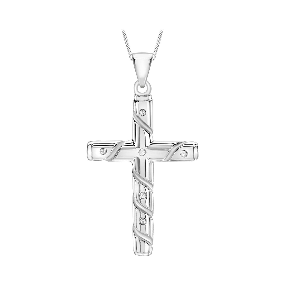 A silver cross pendant necklace with a twisted rope design and small inset stones, suspended from a fine silver chain against a plain white background.