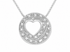 A silver-tone heart pendant necklace featuring a double halo design with clear pavé-set stones, suspended from a delicate chain against a plain white background.
