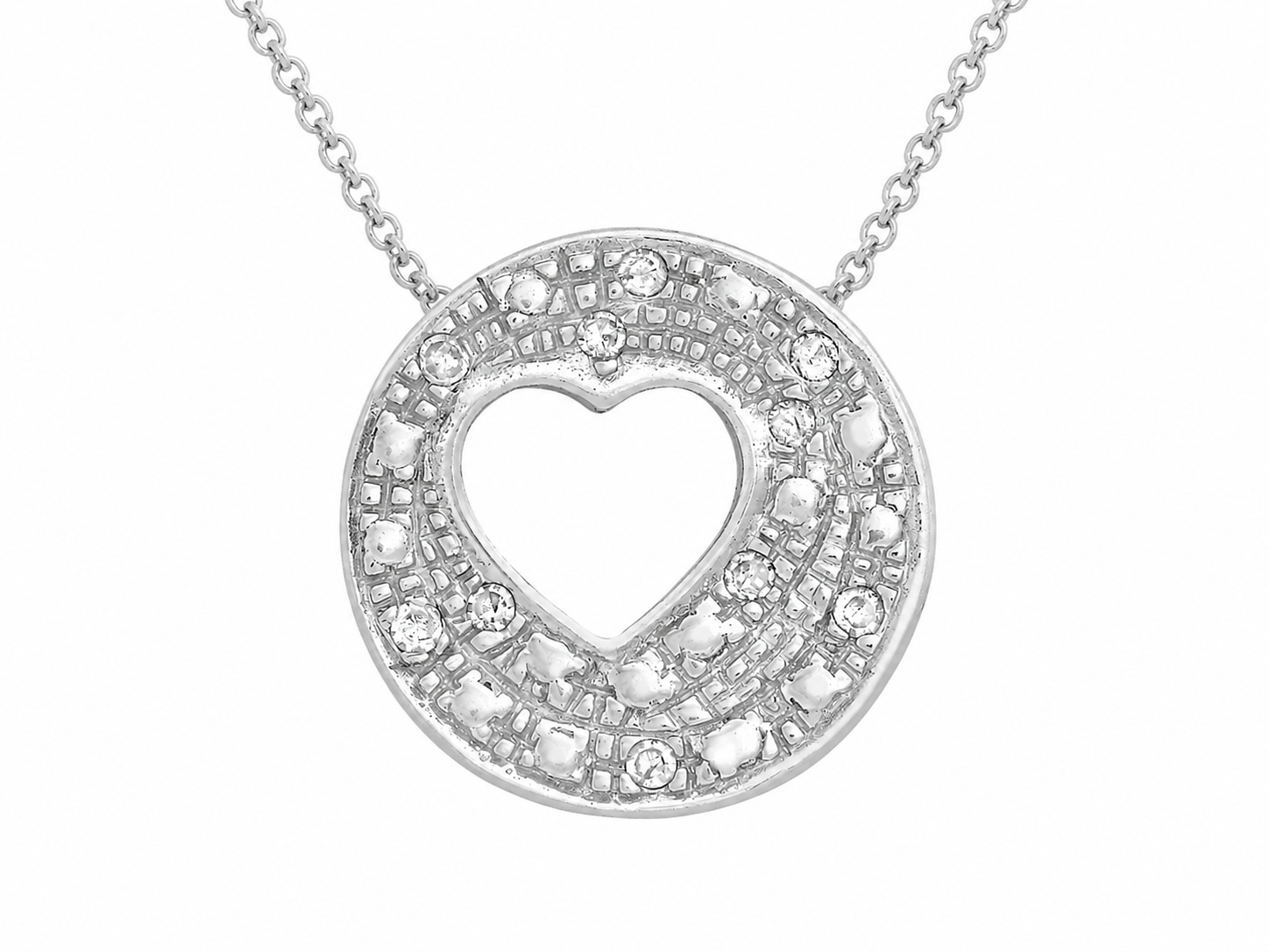 A silver-tone heart pendant necklace featuring a double halo design with clear pavé-set stones, suspended from a delicate chain against a plain white background.
