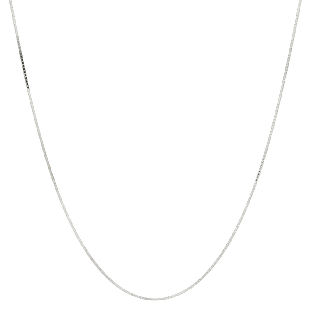 A delicate silver chain necklace, shown draped in a U-shape against a plain white background.