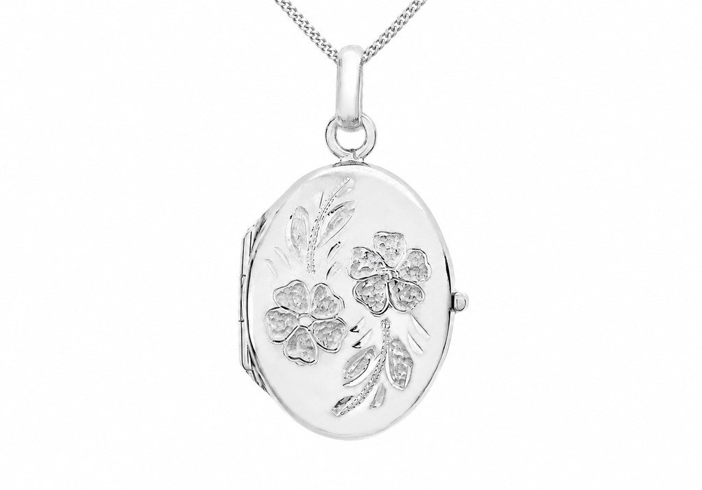 9ct White Gold Daisy Detail Oval Locket