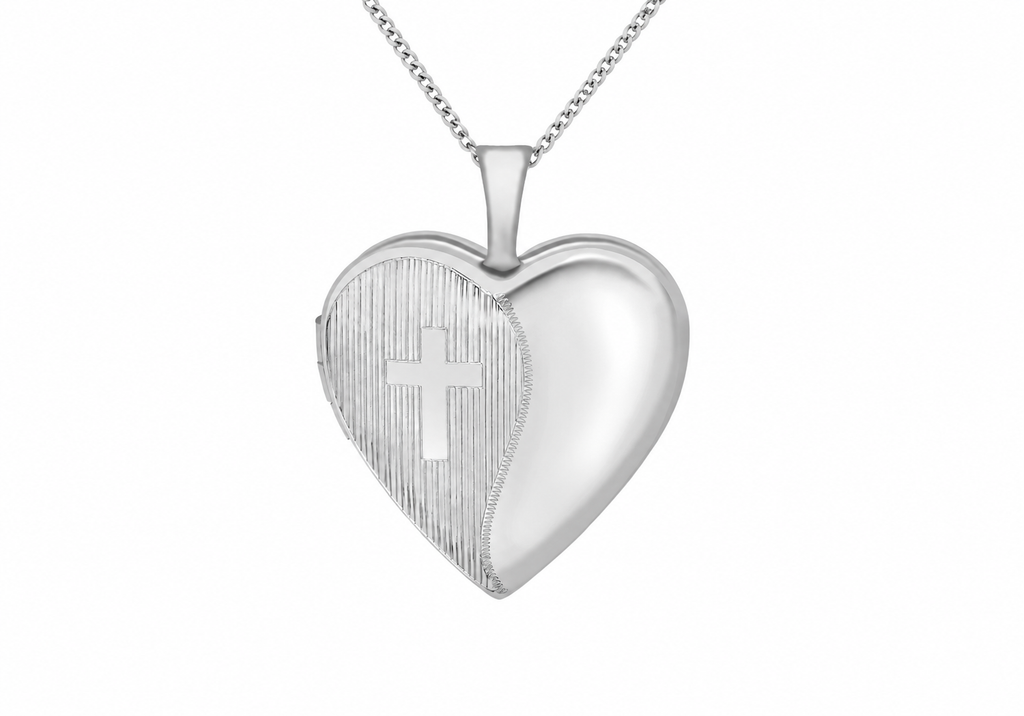 9ct White Gold Etched Cross Detail Heart Locket