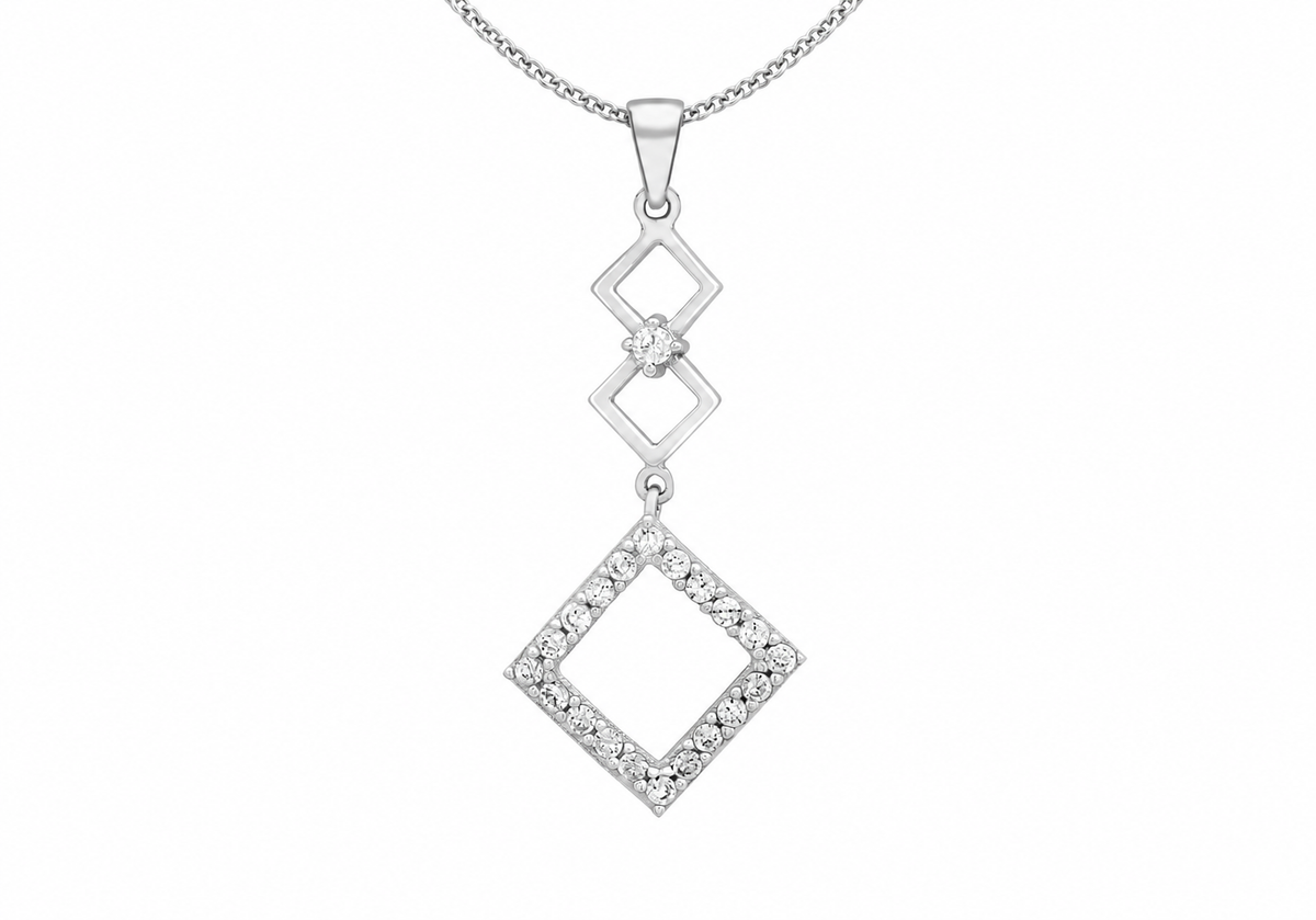 9ct White Gold Zirconia Geometric Openwork Drop Pendant