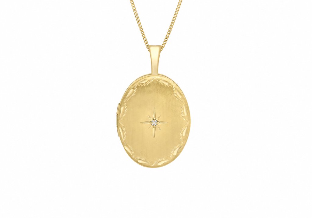 9ct Yellow Gold 0.01ct Diamond Set Etched Oval Locket