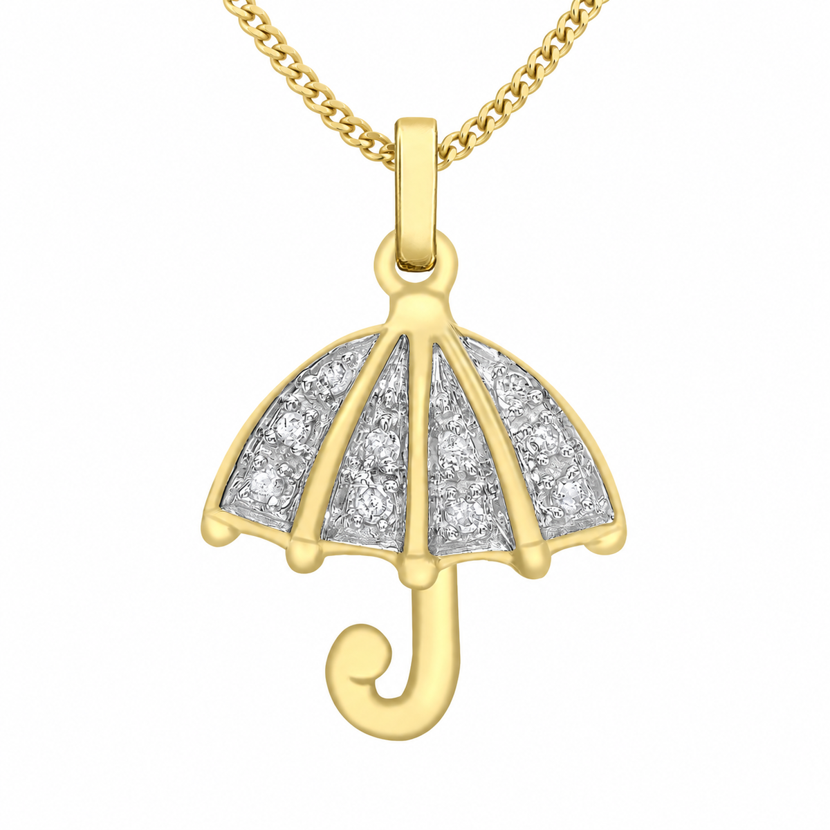 A yellow gold pendant necklace shaped like an umbrella, featuring pavé-set clear stones on the canopy and a curved gold handle, shown on a white background with a gold chain.