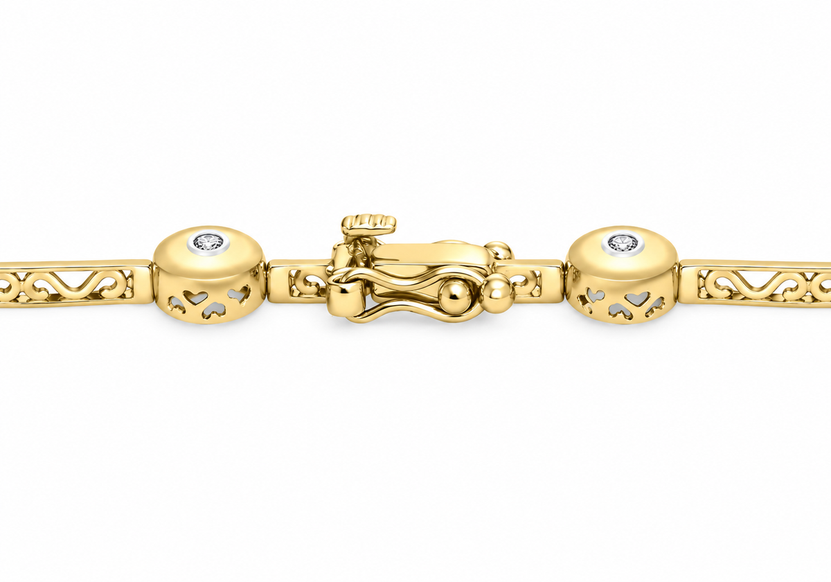 9ct Yellow Gold 0.08ct Diamond Heart Filigree Link Bracelet