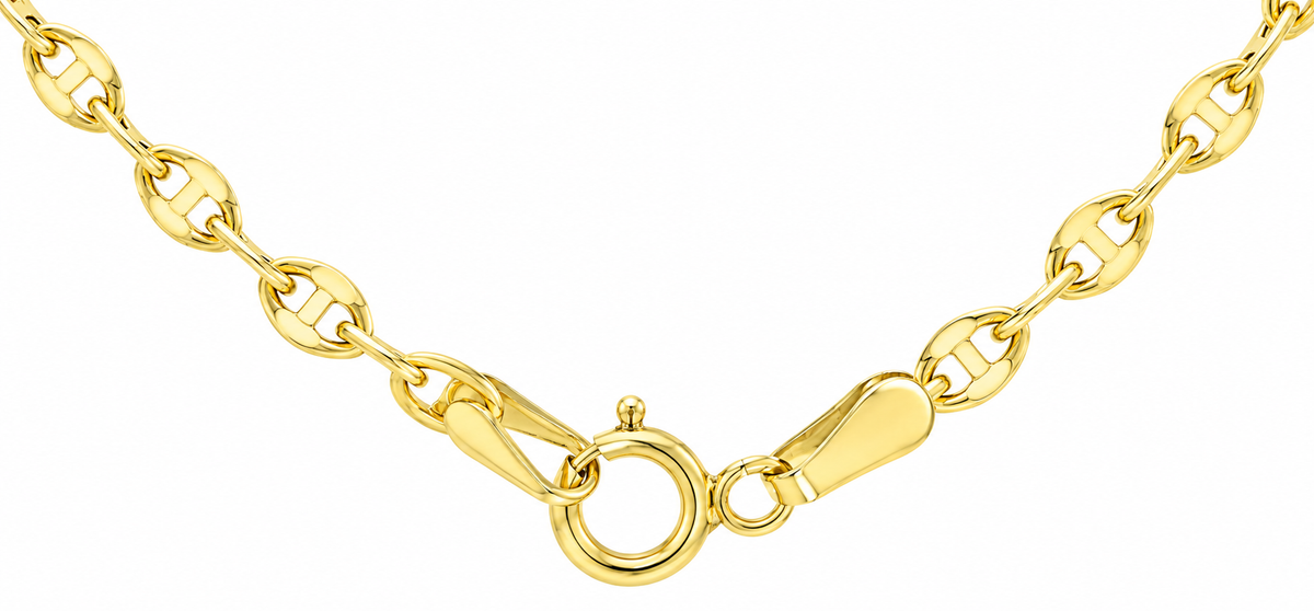 A close-up of a polished yellow gold chain necklace with a lobster clasp, shown against a plain white background.